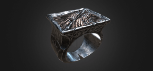 A 3D rendering of a well-worn patterned silver ring
