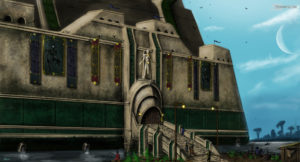 A conceptual painting of the towering exterior walls and entrance gate to Vivec City