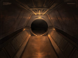 A view down a dimly-lit hexagonal Dwemer tunnel to a circular doorway