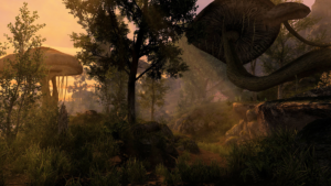 Screenshot of a lush landscape of trees, giant parasol mushrooms, and undergrowth bathed in sunlight