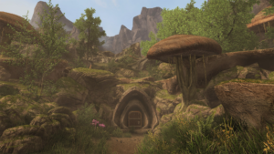 An in-game screenshot of a family tomb entrance built into a verdant hillside in the Ascadian Isles region