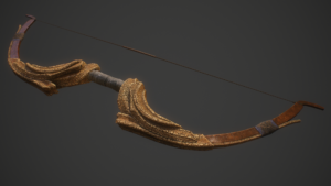 A 3D render of an ornate composite bow, made from wood and molded bone, with a cloth-wrapped handle