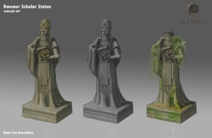 Three variations of a conceptual painting of a statue depicting a robed Dwemer scholar holding a gyroscope