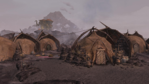An in-game screenshot of a cluster of yurts made from leather and the spindly legs of silt striders