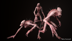 A 3D render of the nightmarish Hunger daedroth in several poses, with a sharp circular snout and bony spurs