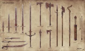 A sheet of concept art for iron weapons