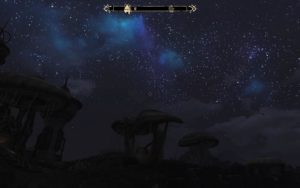 A view of the night sky with bright stars and flourescent clouds, interrupted by towering parasol mushrooms and Dwemer towers