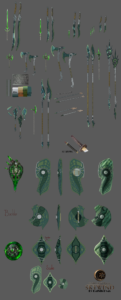 A concept sheet of elegant glass-alloy weapons and shields