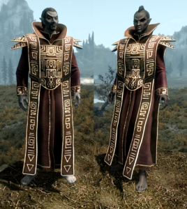 An in-game screenshot of ornate Telvanni robes, deep red with bright gold lettering