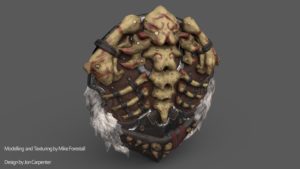 A 3D render of a Nordic shield made from leather and steel, with painted troll bones strapped to the front