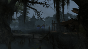 A screenshot of a ramshackle shelter and Dwemer ruin in the Bitter Coast