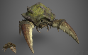 3D render of a stalk-eyed mud crab, covered in moss