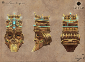 Concept sheet of an ornate helmet bearing the resemblance of Dumac Half-Orc